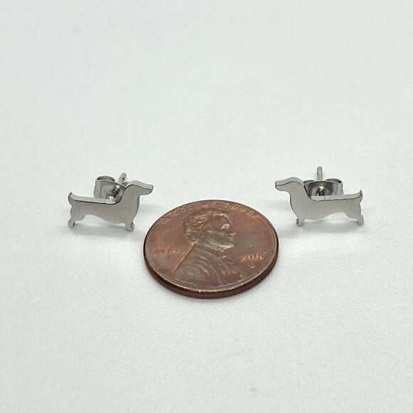 Silver Dachshund Weenie Dog Earring Pair - Picture 7 of 8